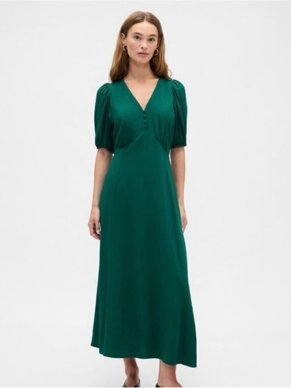 GAP Factory Emerald V-Neck Puff Sleeve Maxi Dress